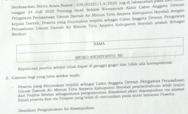 HASIL SELEKSI WAWANCARA AKHIR CALON ANGGOTA DEWAN PENGAWAS PERUSAHAAN UMUM DAERAH AIR MUNIM TIRTA AM...
